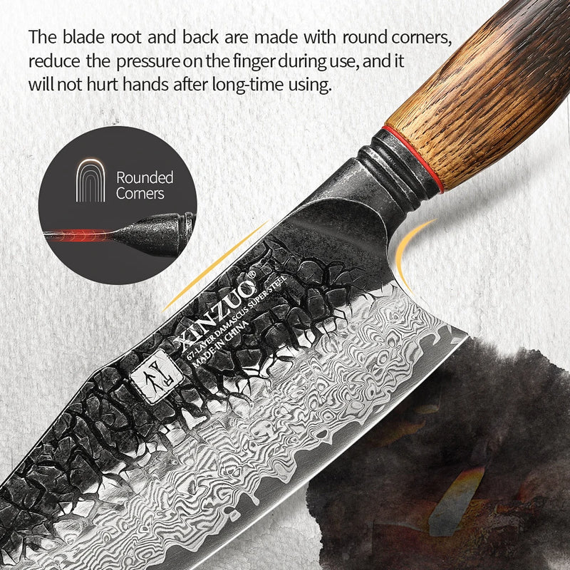 XINZUO 5-piece set with oak - G10 handles provides easy handling and a great grip paring utility santoku bread chef knife
