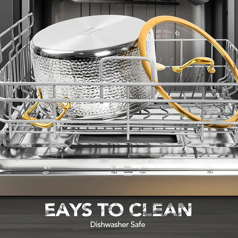 MICHELANGELO Non-stick Stock Pot with Lid  Luxury Hammered Stainless Steel 6 Quart Pot with Golden Handle Induction Stockpot