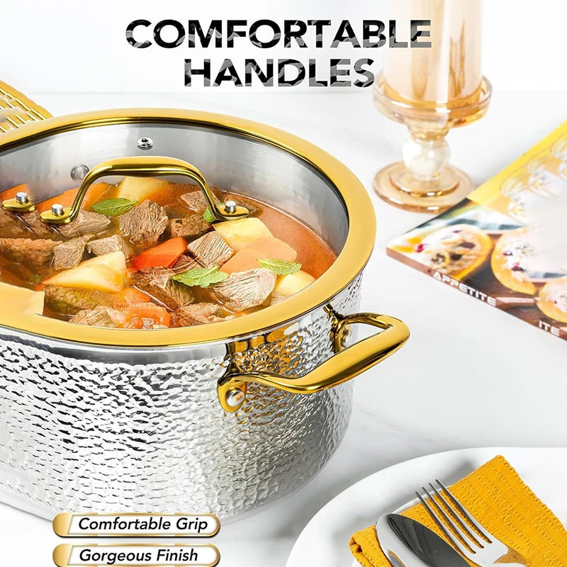 MICHELANGELO Non-stick Stock Pot with Lid  Luxury Hammered Stainless Steel 6 Quart Pot with Golden Handle Induction Stockpot