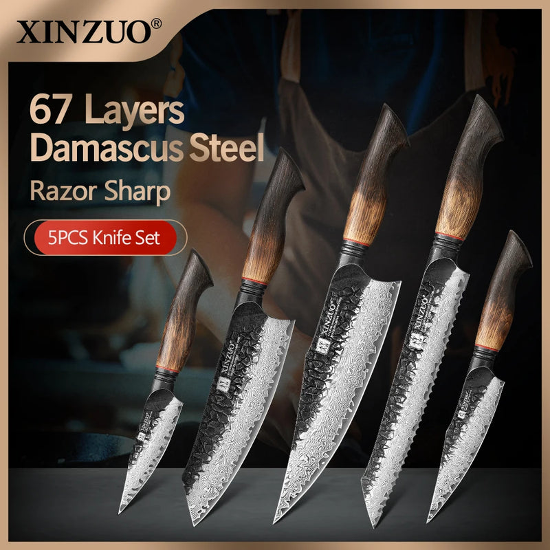 XINZUO 5-piece set with oak - G10 handles provides easy handling and a great grip paring utility santoku bread chef knife