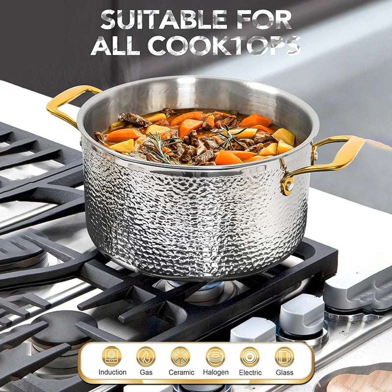 MICHELANGELO Non-stick Stock Pot with Lid  Luxury Hammered Stainless Steel 6 Quart Pot with Golden Handle Induction Stockpot