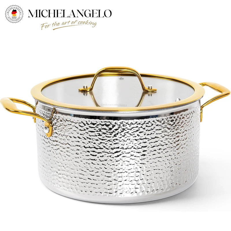 MICHELANGELO Non-stick Stock Pot with Lid  Luxury Hammered Stainless Steel 6 Quart Pot with Golden Handle Induction Stockpot