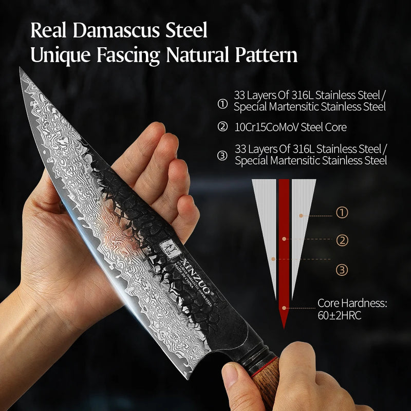 XINZUO 5-piece set with oak - G10 handles provides easy handling and a great grip paring utility santoku bread chef knife