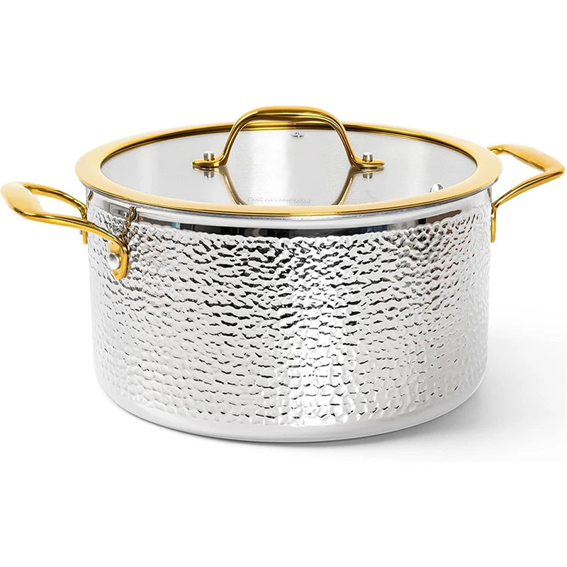 MICHELANGELO Non-stick Stock Pot with Lid  Luxury Hammered Stainless Steel 6 Quart Pot with Golden Handle Induction Stockpot