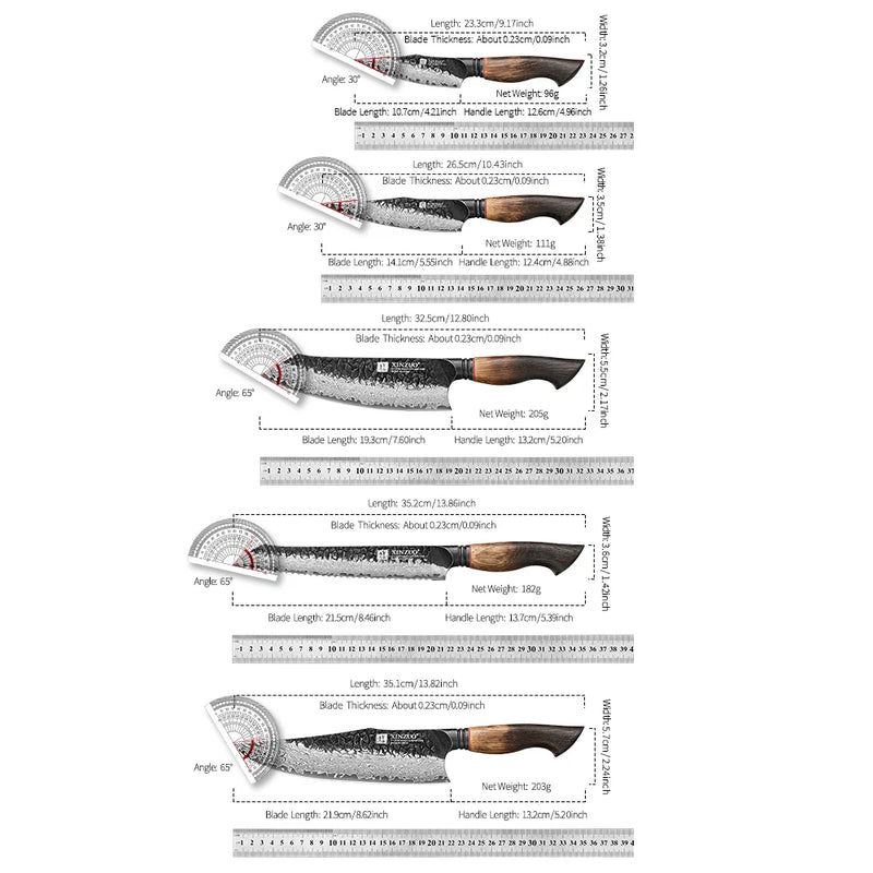 XINZUO 5-piece set with oak - G10 handles provides easy handling and a great grip paring utility santoku bread chef knife